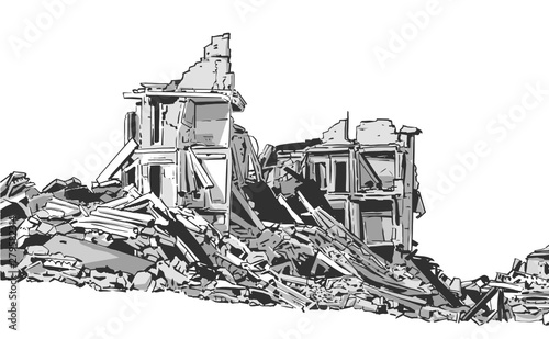 Fotografering Illustration of collapsed building due to earthquake, natural disaster, explosio