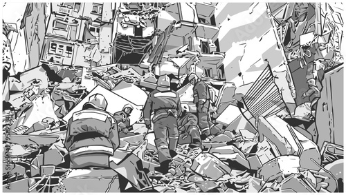 Illustration of fire fighters at collapsed building due to earthquake, natural disaster, explosion, fire 