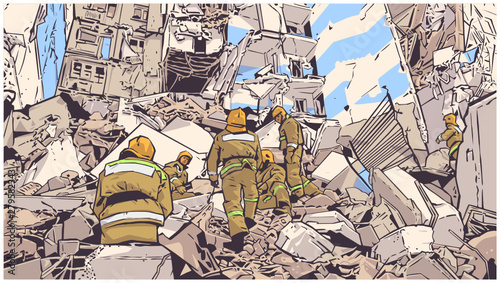 Photo Illustration of fire fighters at collapsed building due to earthquake, natural d