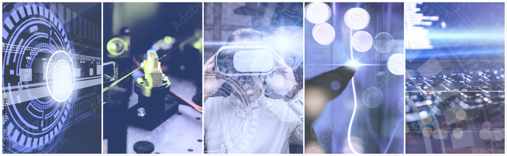 collage of five photos of modern new smart technologies theme