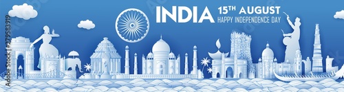 illustration of Famous Indian monument and Landmark for Happy Independence Day of India