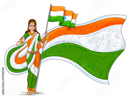 illustration of Mother India on Indian background for Happy Independence Day of India