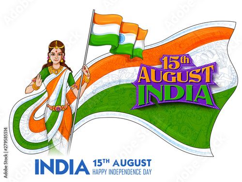 illustration of Mother India on Indian background for Happy Independence Day of India