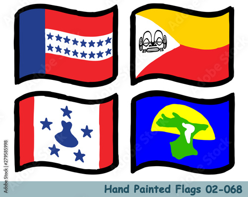 手描きの旗アイコン,トゥアモトゥ諸島の旗,マルキーズ諸島の旗,トゥブアイ諸島の旗,チャタム諸島の旗 Flag of the Tuamotu Islands, Marquise Islands, Tubuai Islands, Chatham Islands, hand drawn isolated vector icon. photo