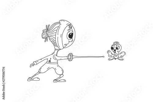 Swordsman in attack with the foil, women's athletic nature, sport, active sports and healthy lifestyle. vector illustration in cartoon style.