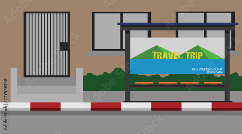 Billboard travel trip at bus station beside road with town home for background. 