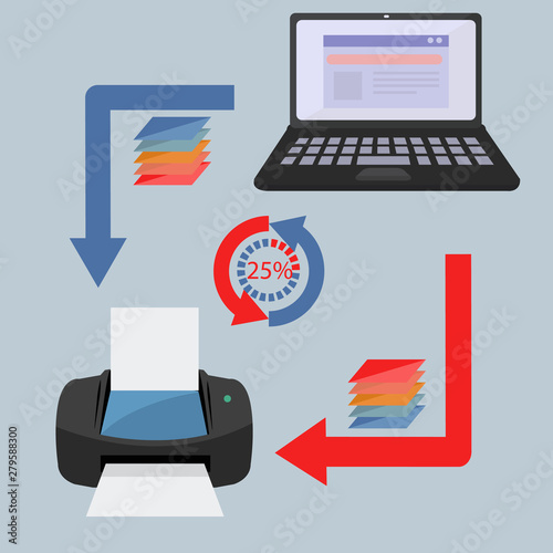 Computer and wireless printing vector concept