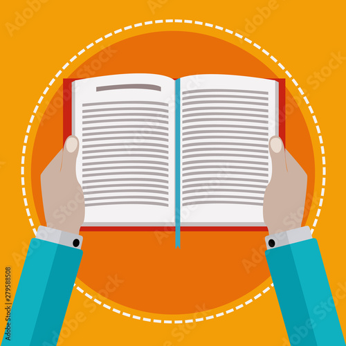 Hands holding a book while reading vector illustration