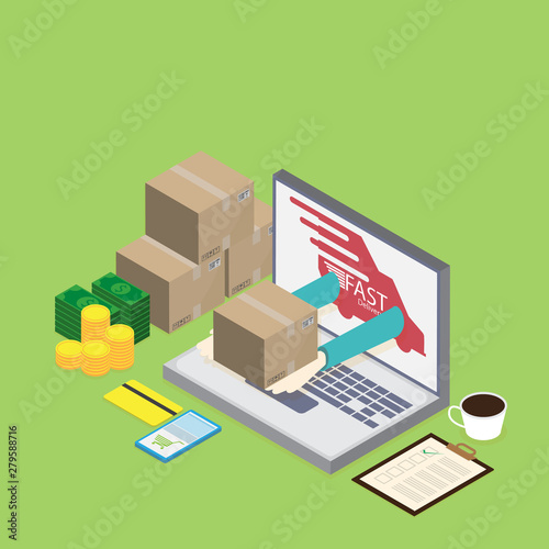 Hand hold goods box out of screen with Online delivery service vector illustration concept for online ordering goods, e-commerce, online shopping