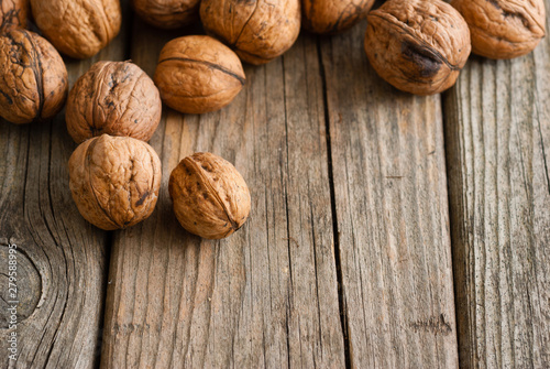 walnuts on old wooden table directly above