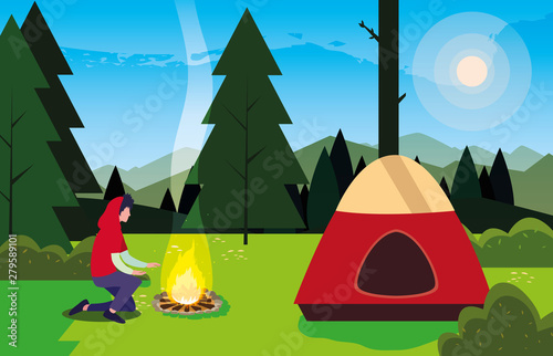 hiking man camp tent bonfire forest filed