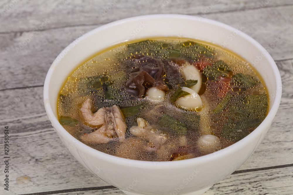 Thai style soup with meat and mushrooms Thai style soup with meat and mushrooms