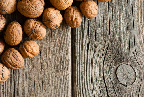 walnuts on old wooden table directly above