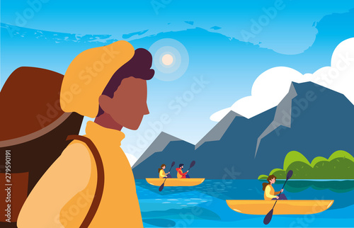 traveler man and people rowboat landscape