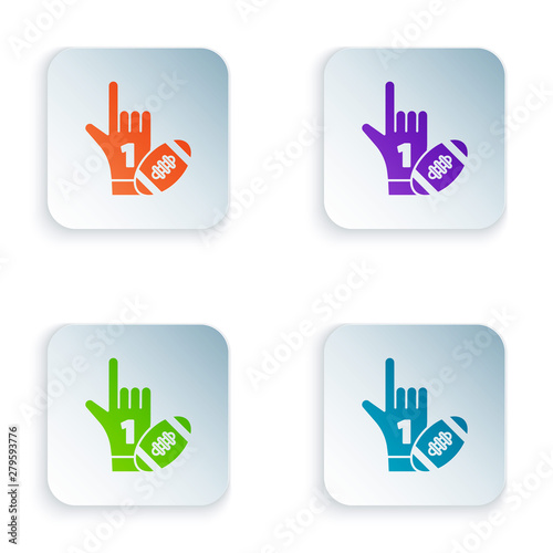 Color Number 1 one fan hand glove with finger raised and american football ball icon isolated on white background. Set of sport equipment. Set icons in colorful square buttons. Vector Illustration