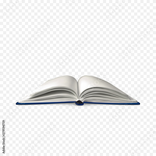 Realistic open book. Book template with white pages. Vector illustration isolated on transparent background