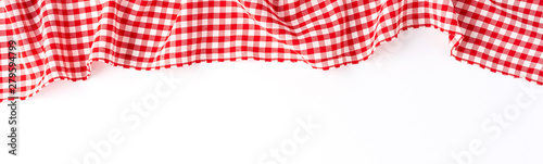 Red checkered tablecloth isolated on white background. Banner photo
