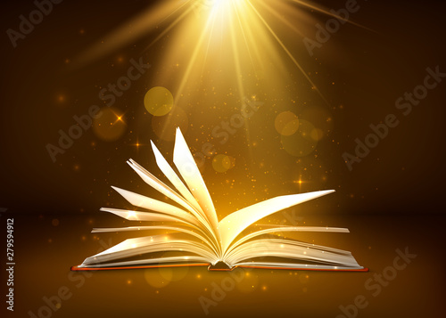 Mystery open book with shining pages in brown colors. Fantasy book with magic light sparkles and stars. Vector illustration