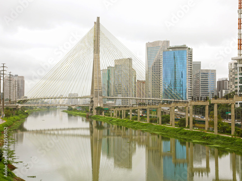 Sao Paulo city landmark Estaiada Bridge reflex in Pinheiros river  Sao Paulo  Brazil