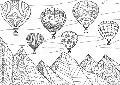 Line art drawing with editable stroke width of beautiful hot air balloons flying above mountains in summer for printing on anything or adult coloring book or coloring page. Vector illustration.
