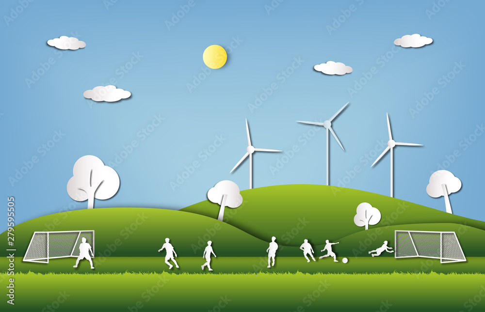 Fototapeta premium group of football player and fresh green city background in paper cut style