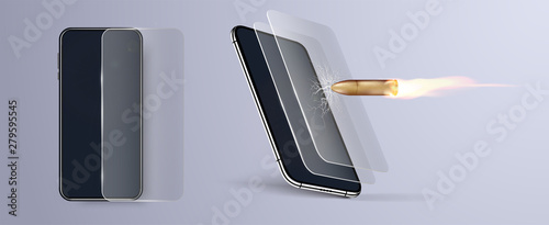 Shot a bullet in protective glass, a crack on glass. Screen Protector Glass. Vector illustration of transparent tempered glass shield for mobile phone