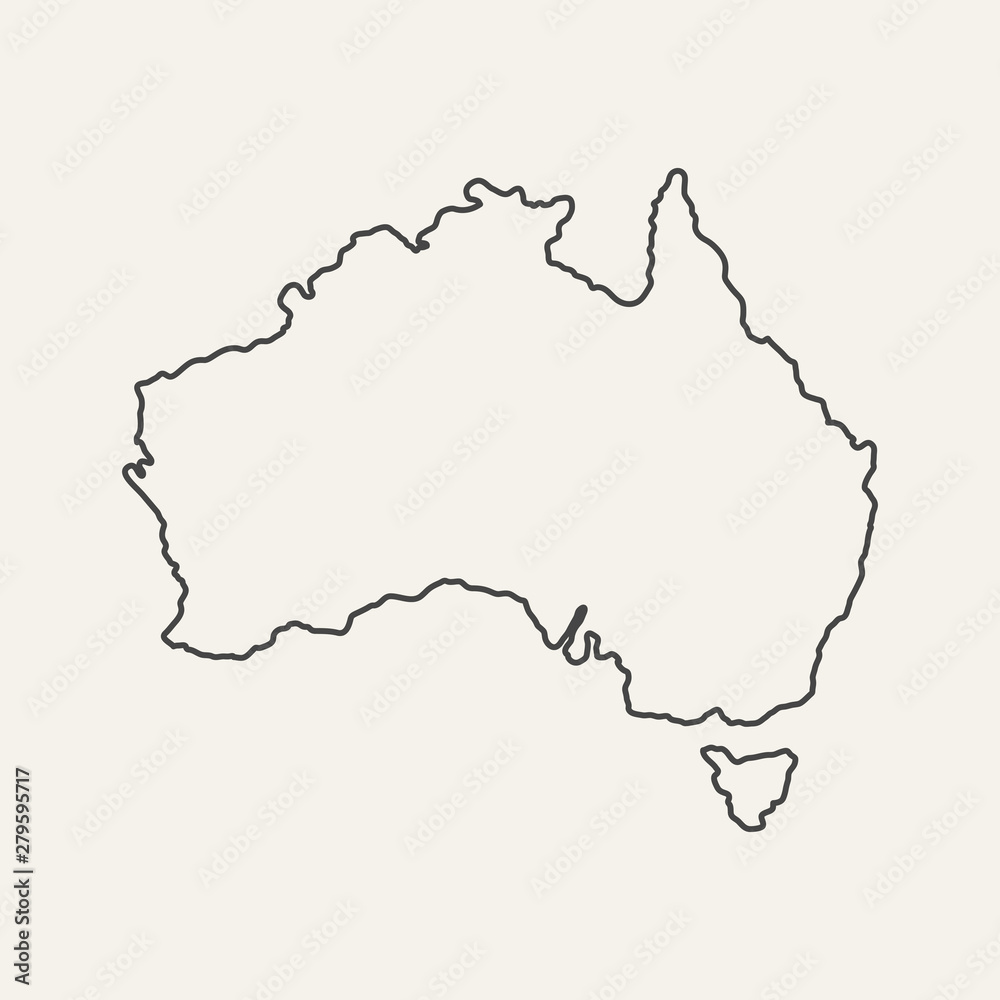 Thin outline map of Australia isolated on white background. Vector illustration.