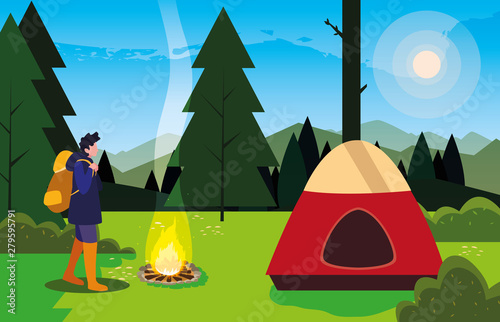 hiking man camp tent bonfire forest filed