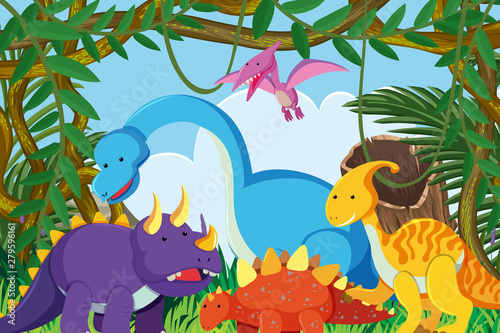 Dinosaurs in jungle scene