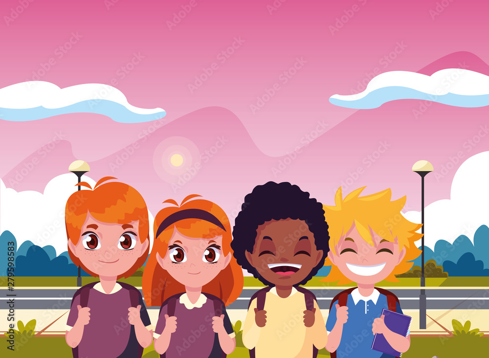 happy students in the street back to school happy students in the street back to school