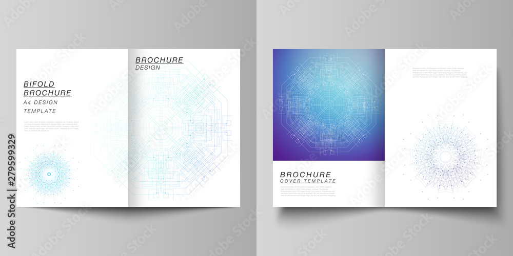 Fototapeta premium Vector layout of two A4 format modern cover mockups design templates for bifold brochure, flyer, booklet, report. Big Data Visualization, geometric communication background, connected lines and dots.