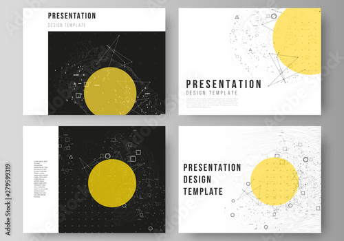 The minimalistic abstract vector illustration layout of the presentation slides design business templates. Science or technology 3d background with dynamic particles. Chemistry and science concept.
