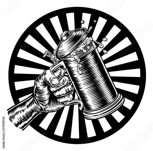 A hand holding a beer stein German Oktoberfest pint tankard mug in a retro vintage intaglio woodcut engraved style