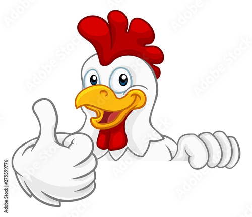 A chicken rooster cockerel bird cartoon character peeking over a sign and giving a thumbs up