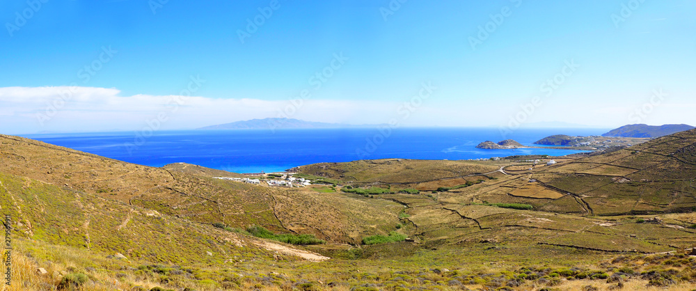 panoramic view of Kalafati Bay and Lia Beach, in southern Mykonos, Cyclades island in the heart of the Aegean Sea