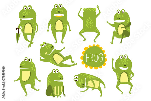 Frog Cute Character In Different Poses Childish Stickers