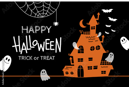Happy halloween greeting card with haunted house and scary ghost. Holidays party poster.