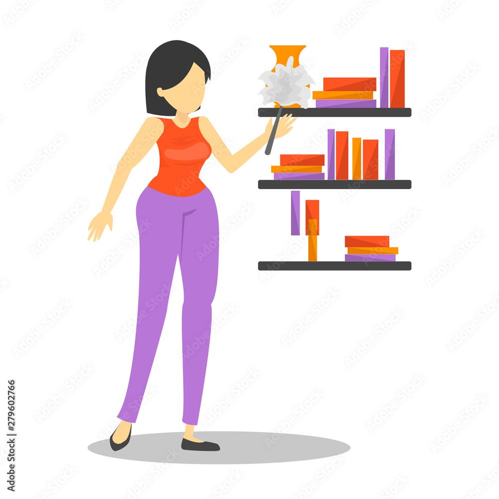 Young woman clean shelf at the home