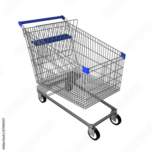 Silver shopping trolley with blue handle side front angle