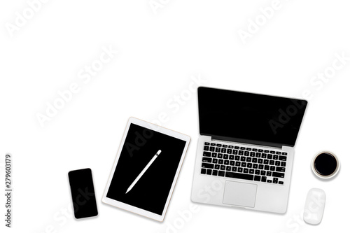 Flat lay photo of office table with laptop computer, digital tablet, mobile phone and accessories. on modern tone background. Desktop office mockup concept.