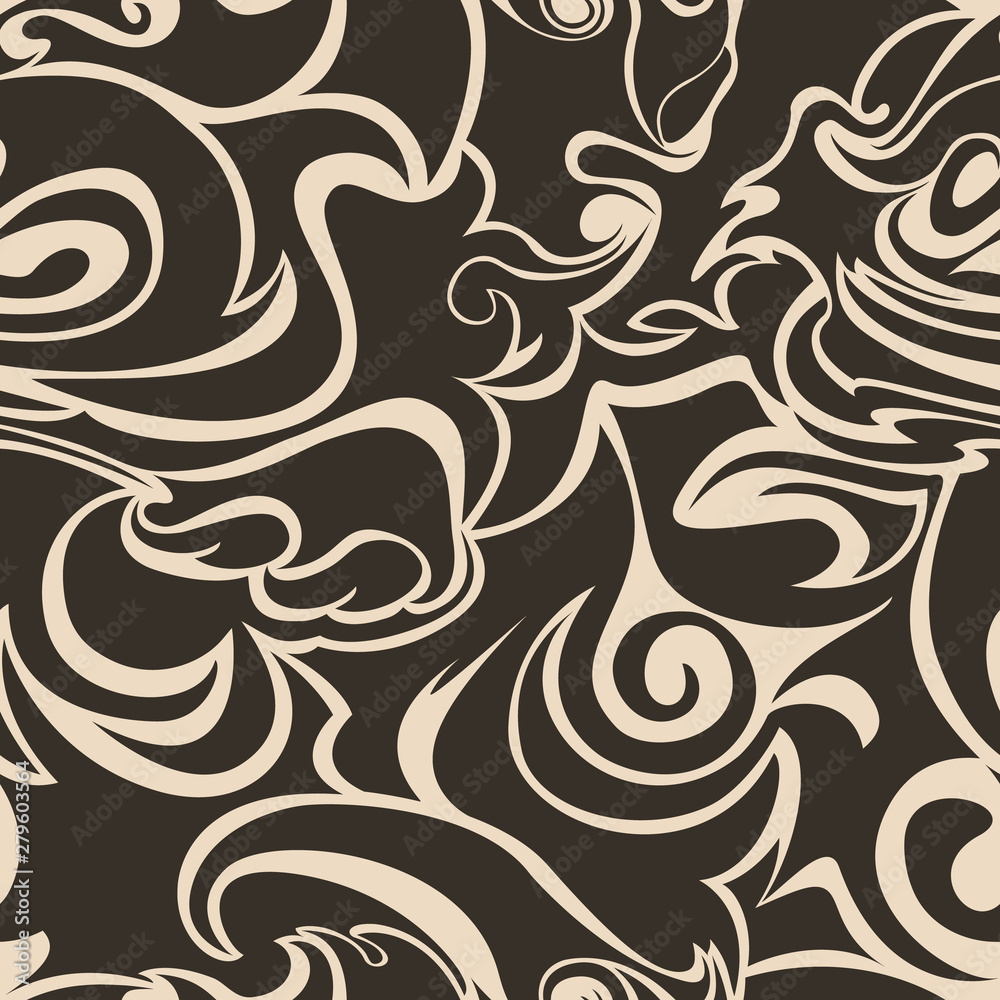 Seamless pattern of spirals and curlicues of black on brown, wave, floral, marine pattern, wave Seamless pattern of spirals and curlicues of black on brown, wave, floral, marine pattern, wave