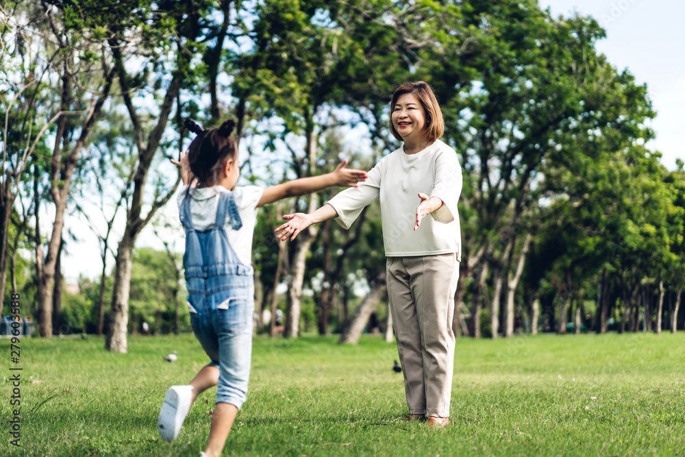 Portrait of happy grandmother and little cute girl enjoy relax together in summer park,little girl run to grandmother and hug.Family and togetherness