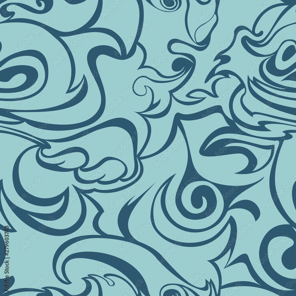 Blue waves, curls on a dark blue background. Stylized flame seamless pattern Blue waves, curls on a dark blue background. Stylized flame seamless pattern