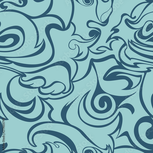 Blue waves, curls on a dark blue background. Stylized flame seamless pattern