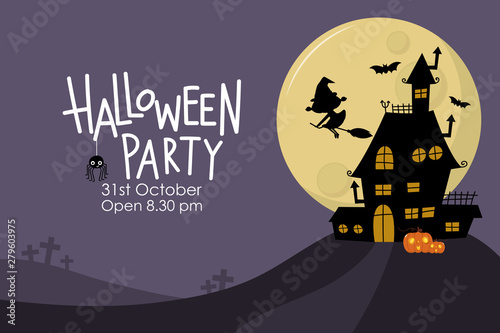 Happy halloween greeting card with haunted house and scary ghost. Holidays party poster.