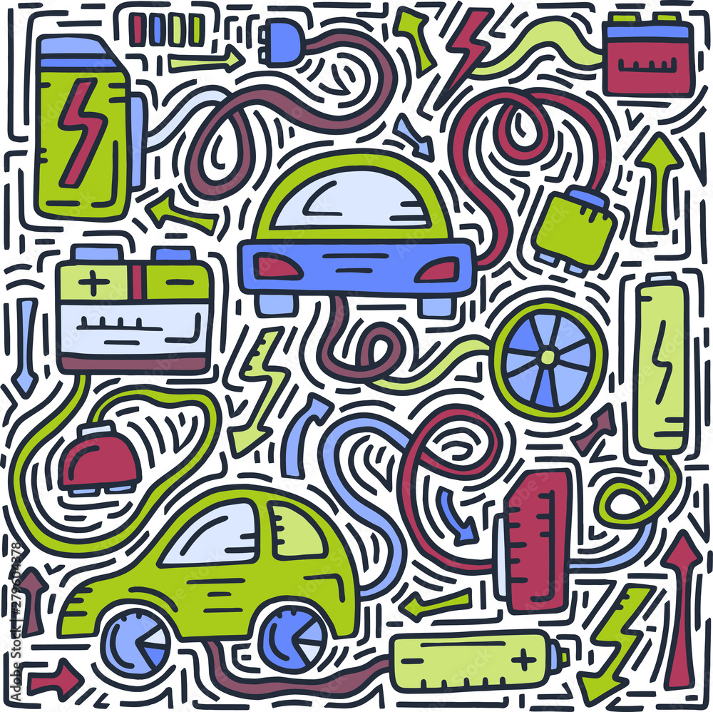 Colored illustration of Electric car. Eco theme. Cute vector Doodles. Hand drawing design. Hand drawn icons on white background