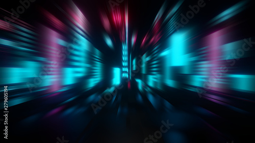 3D Rendering of digital city with skyscraper towers and modern retro pink aqua led glow light and reflection on sci fi glossy floor. Concept for big data, artificial intelligence, high tech product