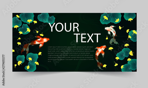 Autumn banner template with illustration of japanese pond with koi carp, ginkgo leaves and lotus leaves on dark background. Watercolor imitation vector illustration