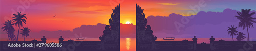 Bali traditional gate silhouette on sunset beach with palm trees and fishing boats background, vector balinese panorama banner illustration