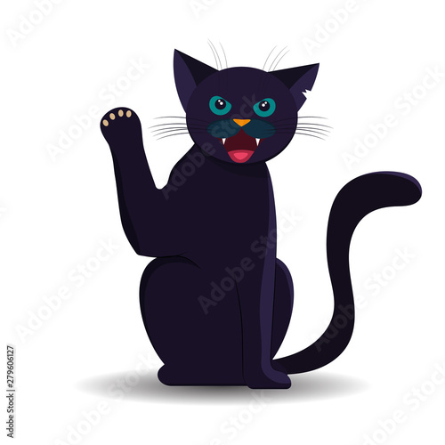 Black Halloween cat with a ragged ear and raised paw. Vector illustration.